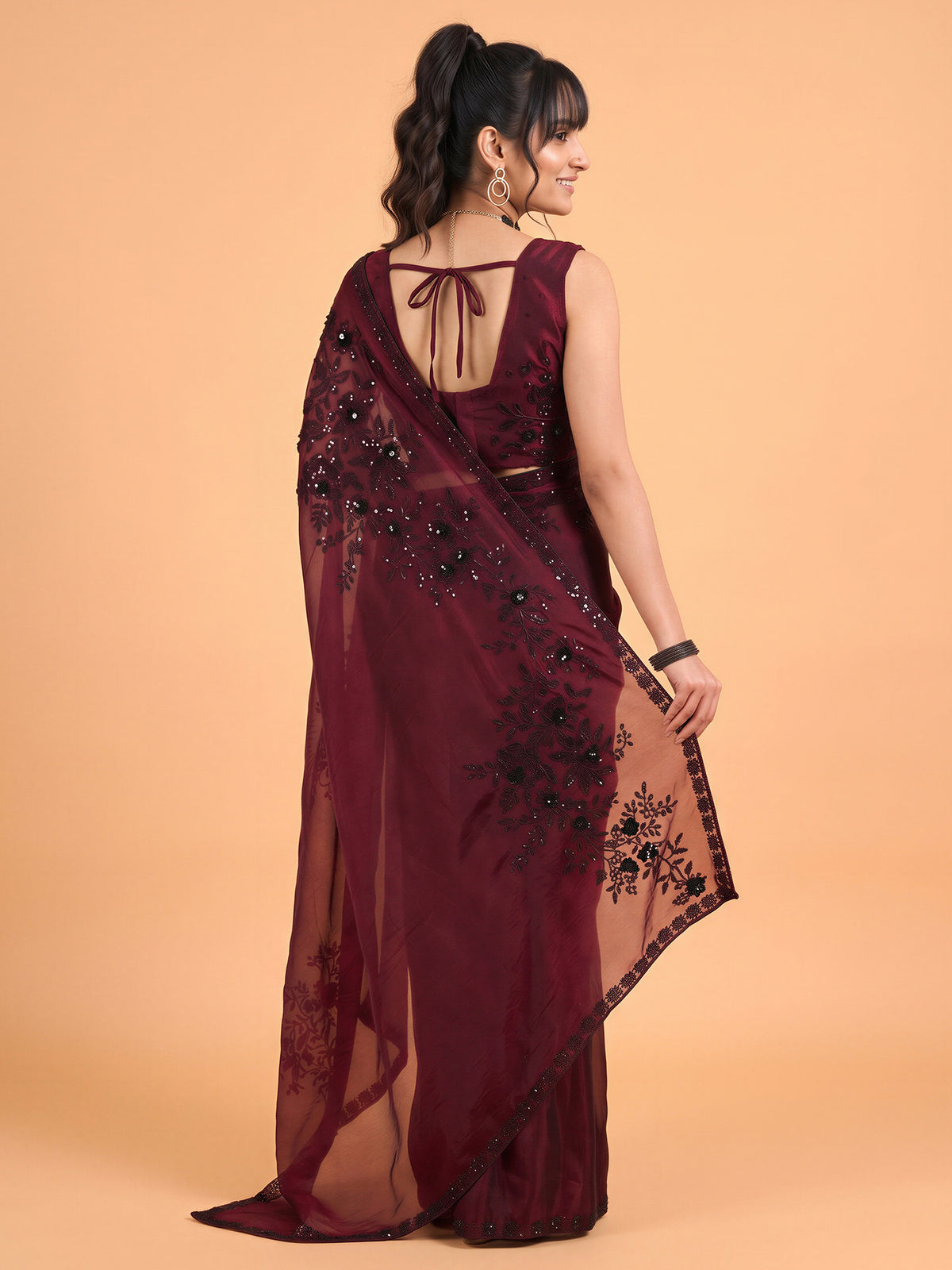 Maroon Satin Silk saree – detail view 1