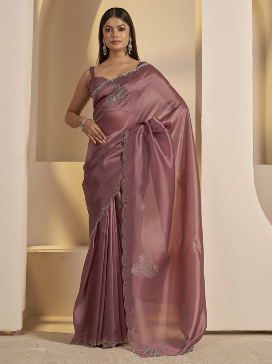 Mauve embellished organza saree with mauve blouse piece