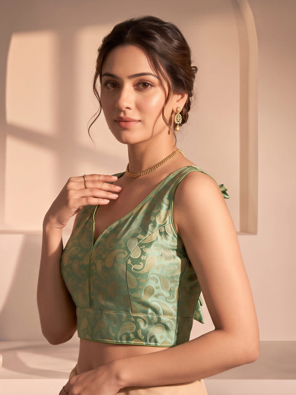 Mint Green woven brocade silk blend sleeveless readymade saree blouse with v neck view 2