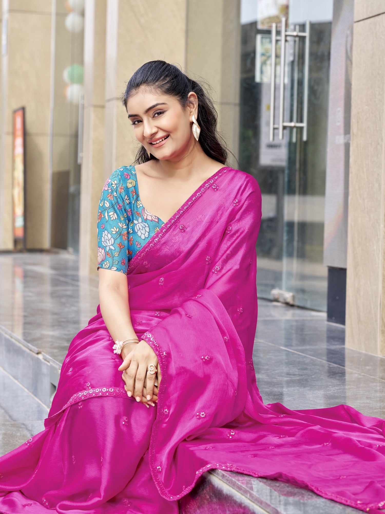 Pink Satin Silk saree – detail view 1