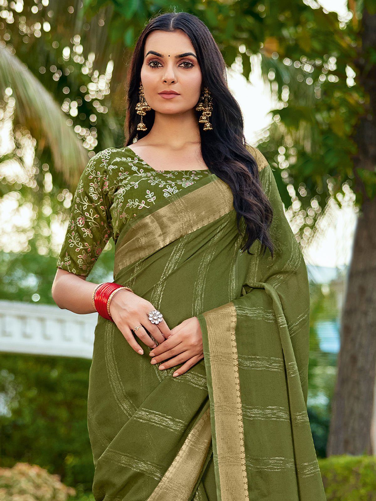 Green Georgette saree – detail view 2