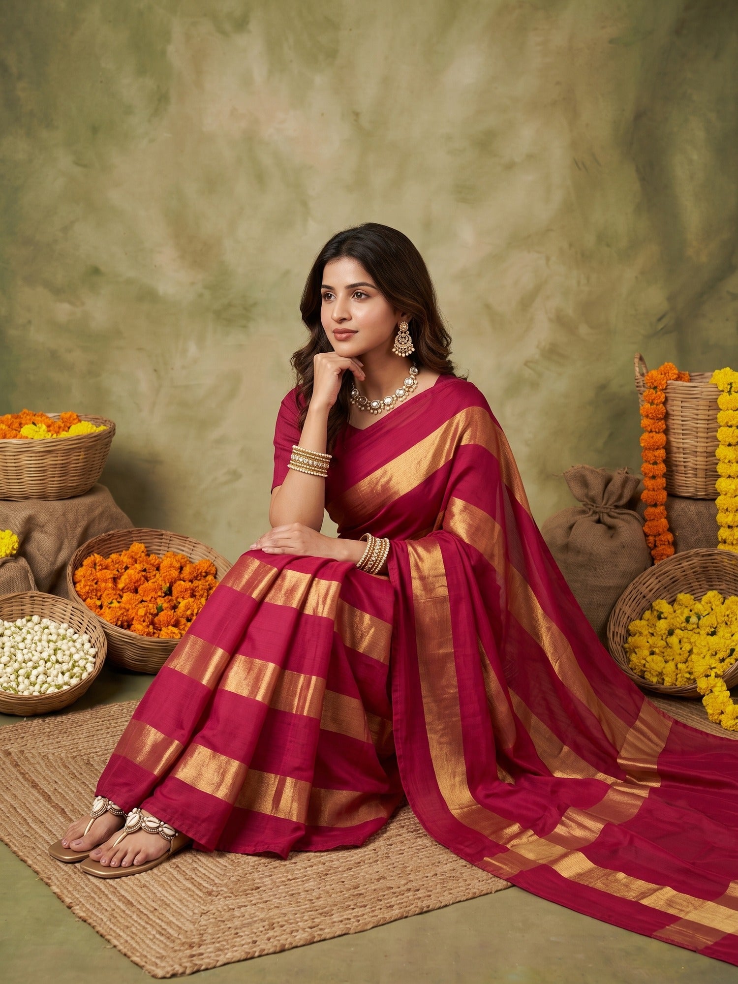 Red Satin saree – detail view 4