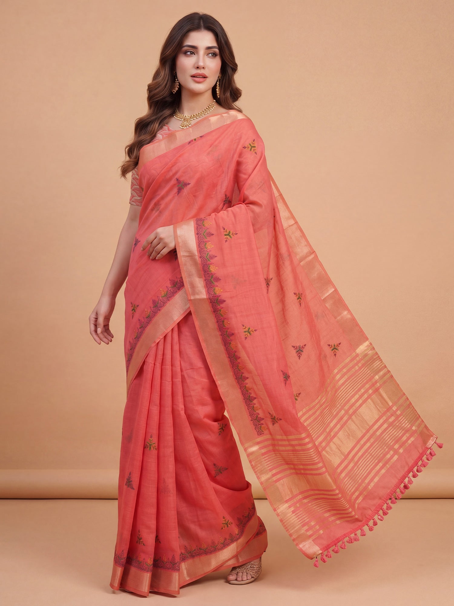 Peach Cotton Linen saree – detail view 2