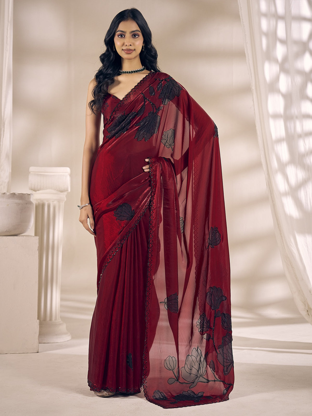 Maroon embellished satin silk saree with maroon blouse piece