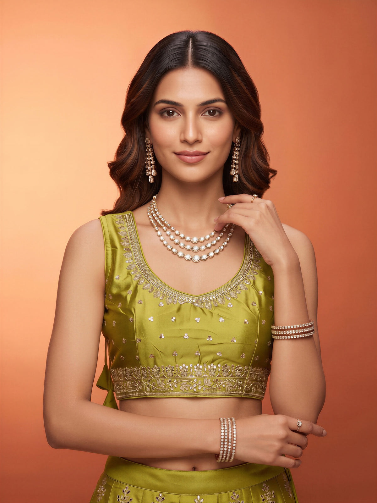 Lime Green sequin embellished silk blend sleeveless readymade saree blouse with round neck view 3