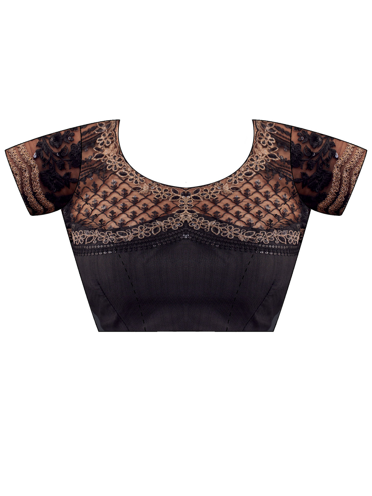 Unstitched black net blouse piece with embellished design