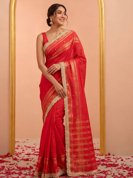 Red woven design soft silk saree with red blouse piece