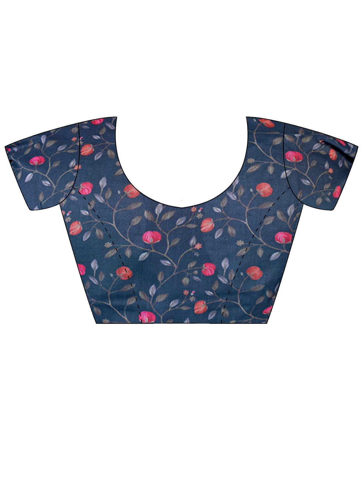 Unstitched navy blue linen blend blouse piece with botanical design