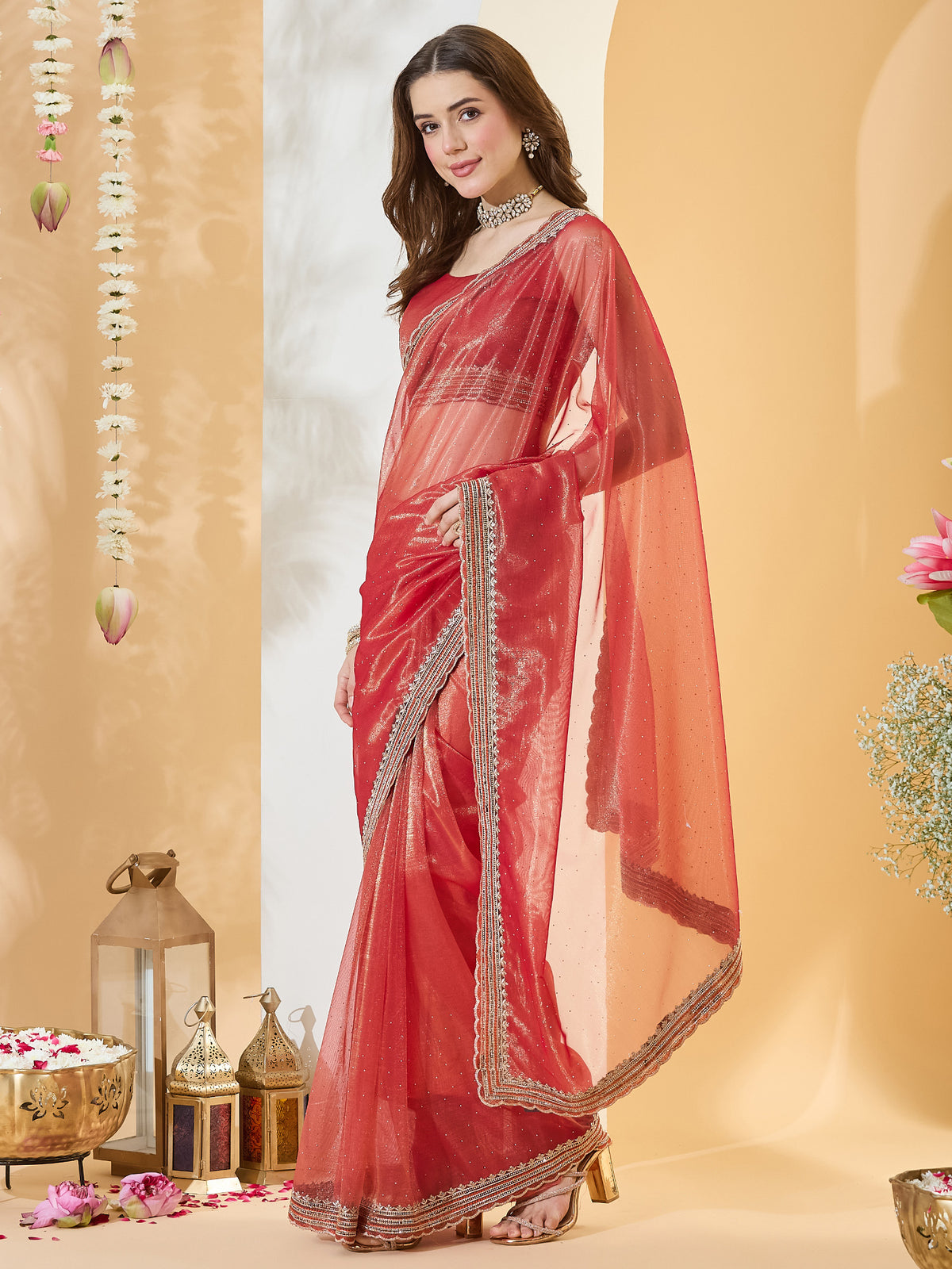 Orange Net saree – detail view 2