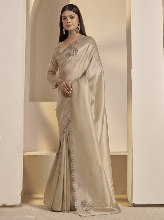 Beige embellished organza saree with beige blouse piece