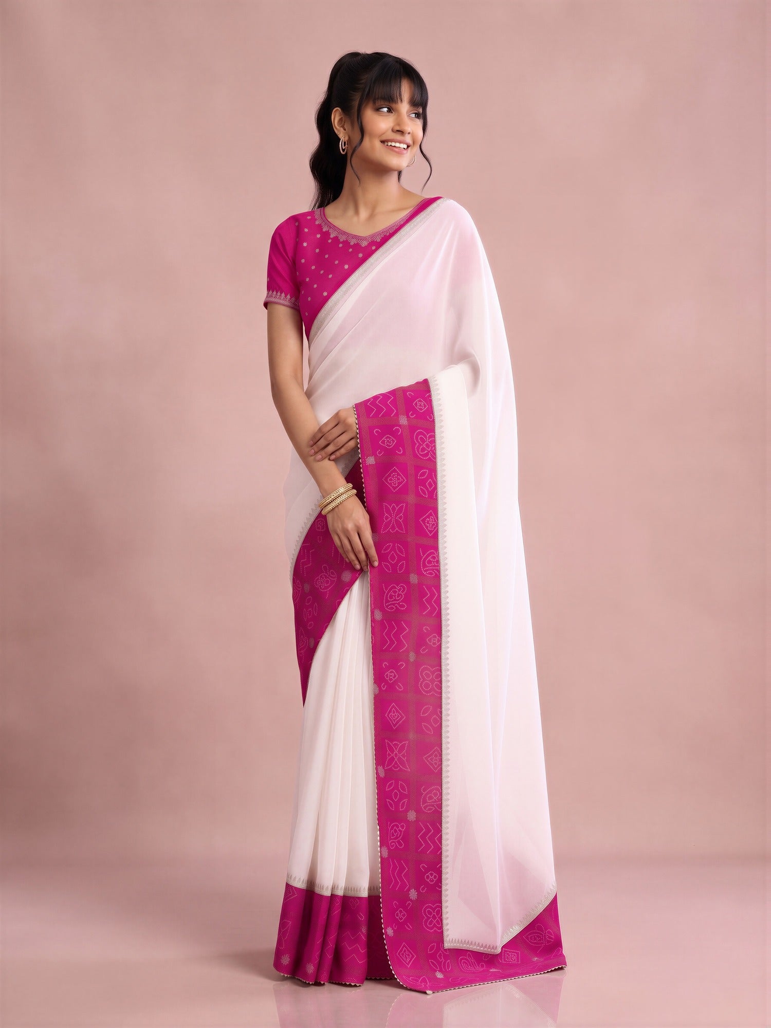 White Vichitra Silk saree – detail view 1