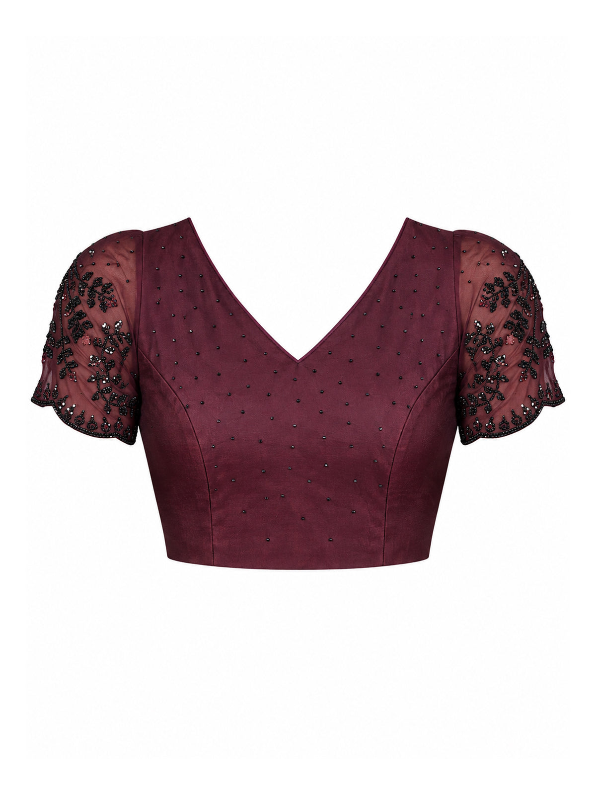 Unstitched maroon satin silk blouse piece with embellished design
