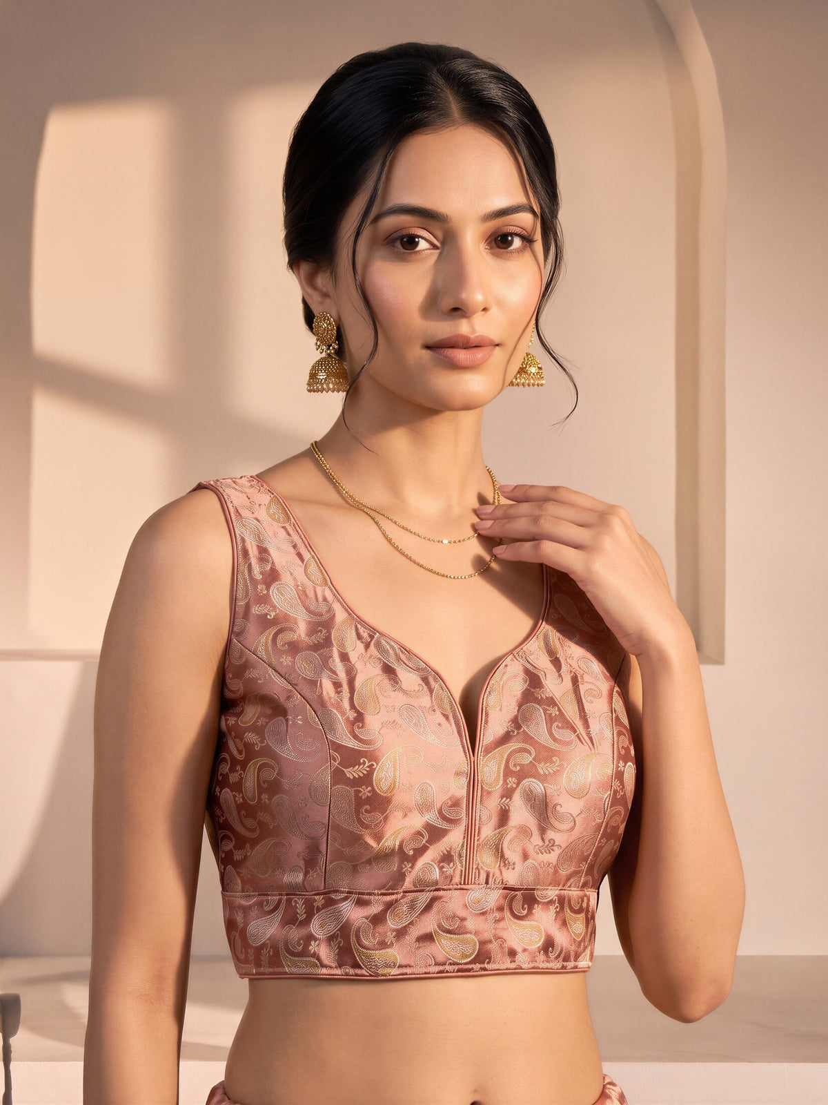 Peach woven brocade silk blend sleeveless readymade saree blouse with v neck
