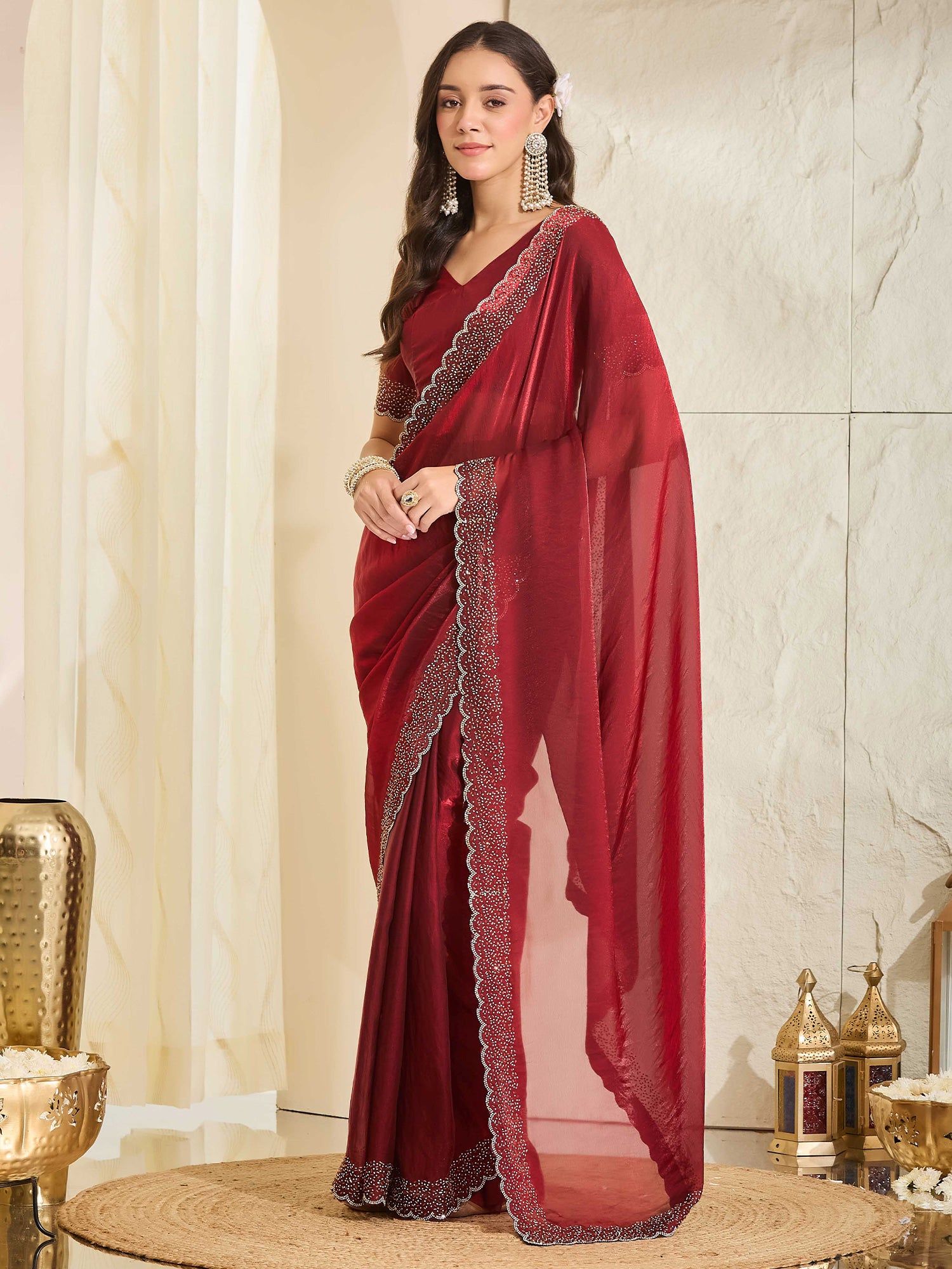 Maroon Satin saree – detail view 2