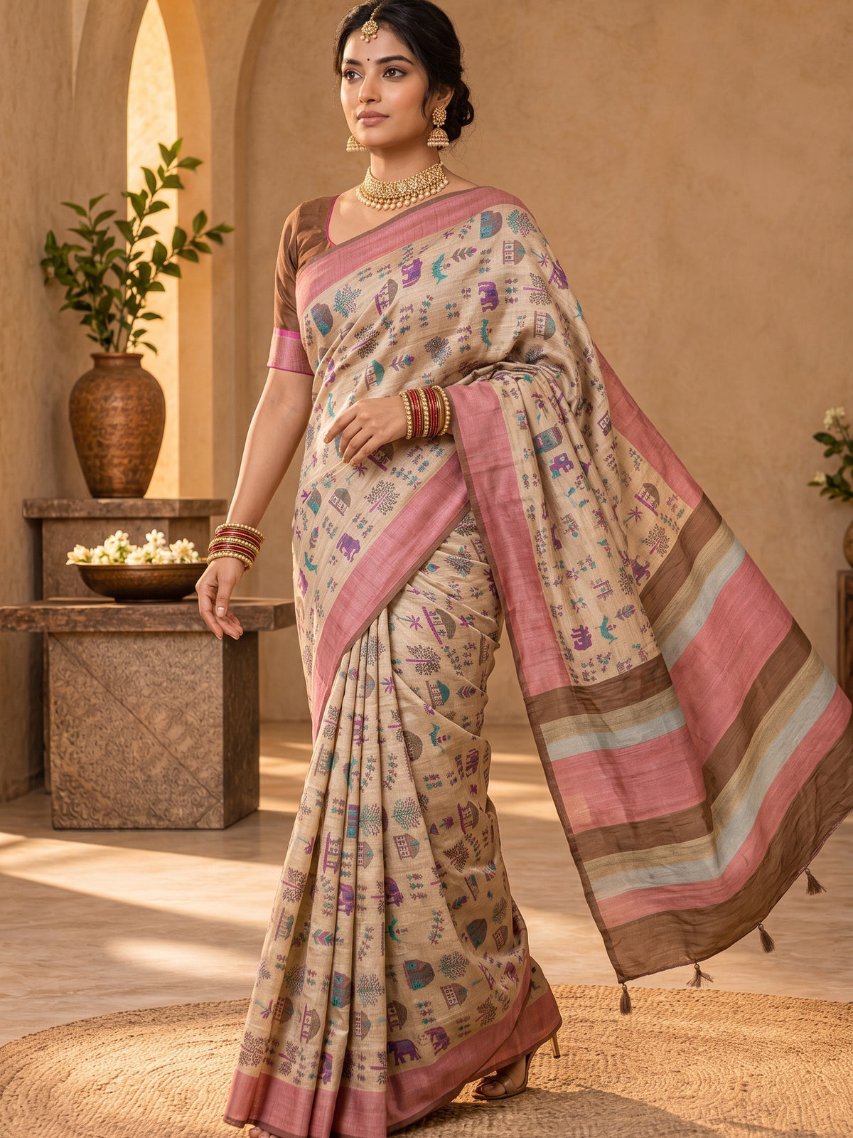 Beige soft silk saree view 1
