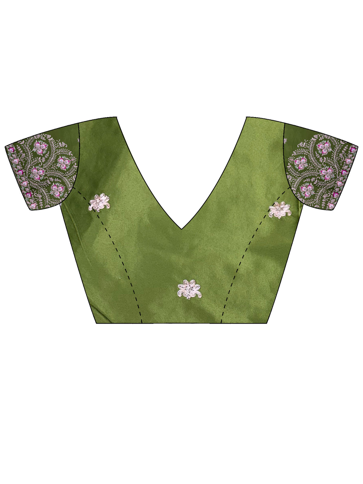Unstitched olive tissue blouse piece with embellished design