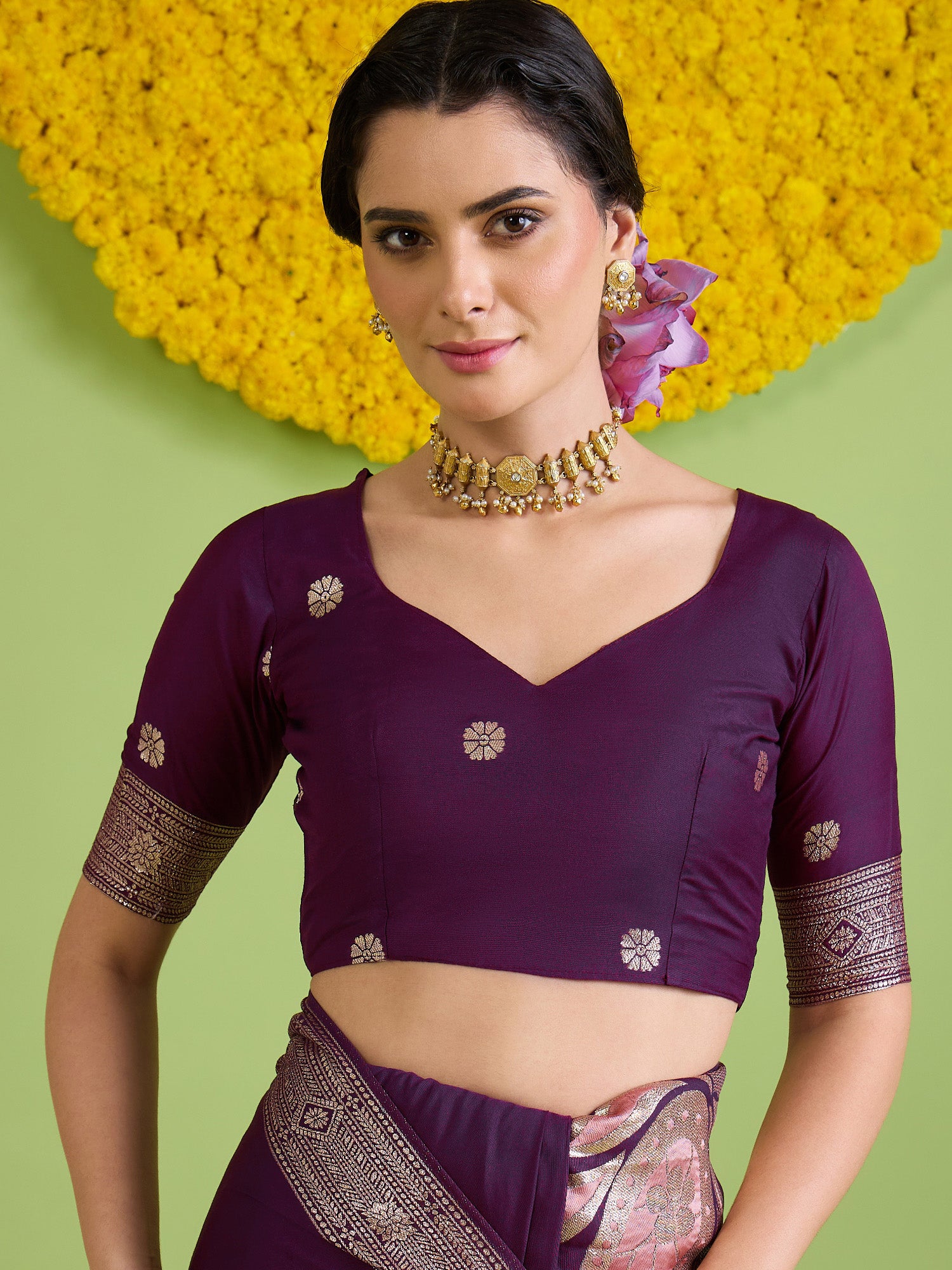 Unstitched wine silk blend blouse piece with zari butta design