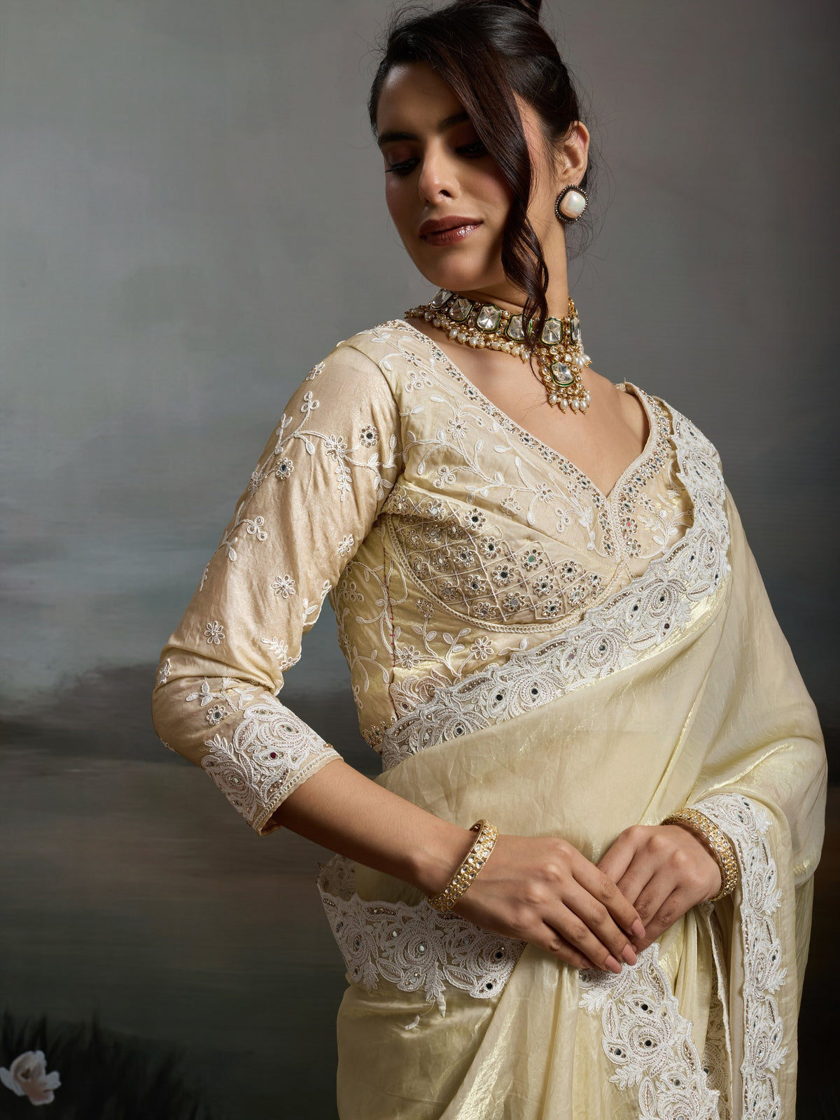 Off White Satin Silk saree – detail view 3