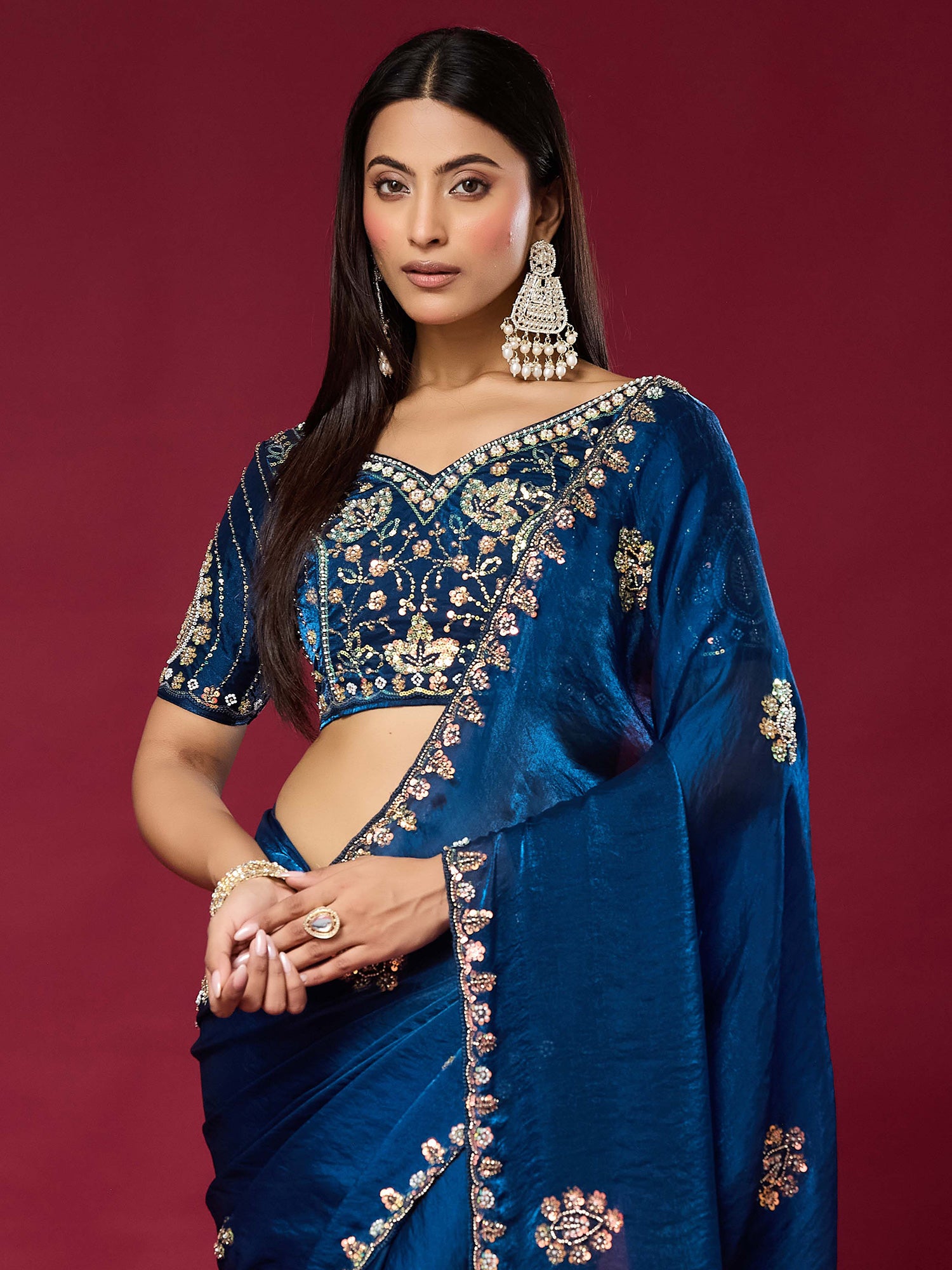 Teal Blue Satin Silk saree – detail view 4