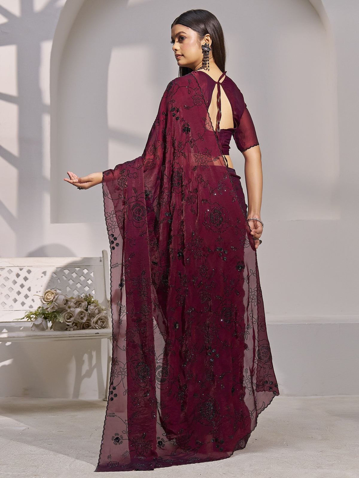 Maroon satin silk saree view 2
