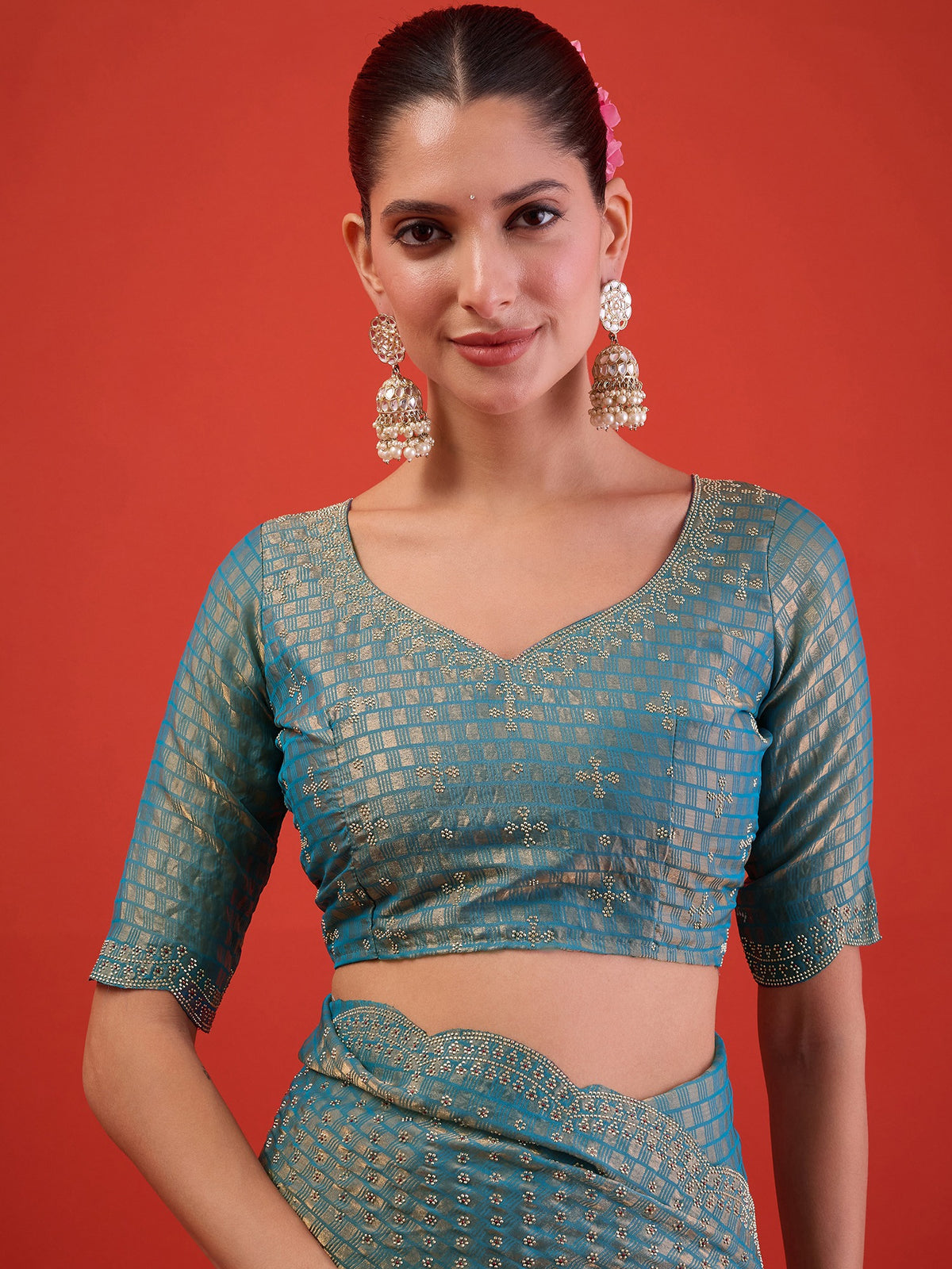 Light Blue Satin saree – detail view 2