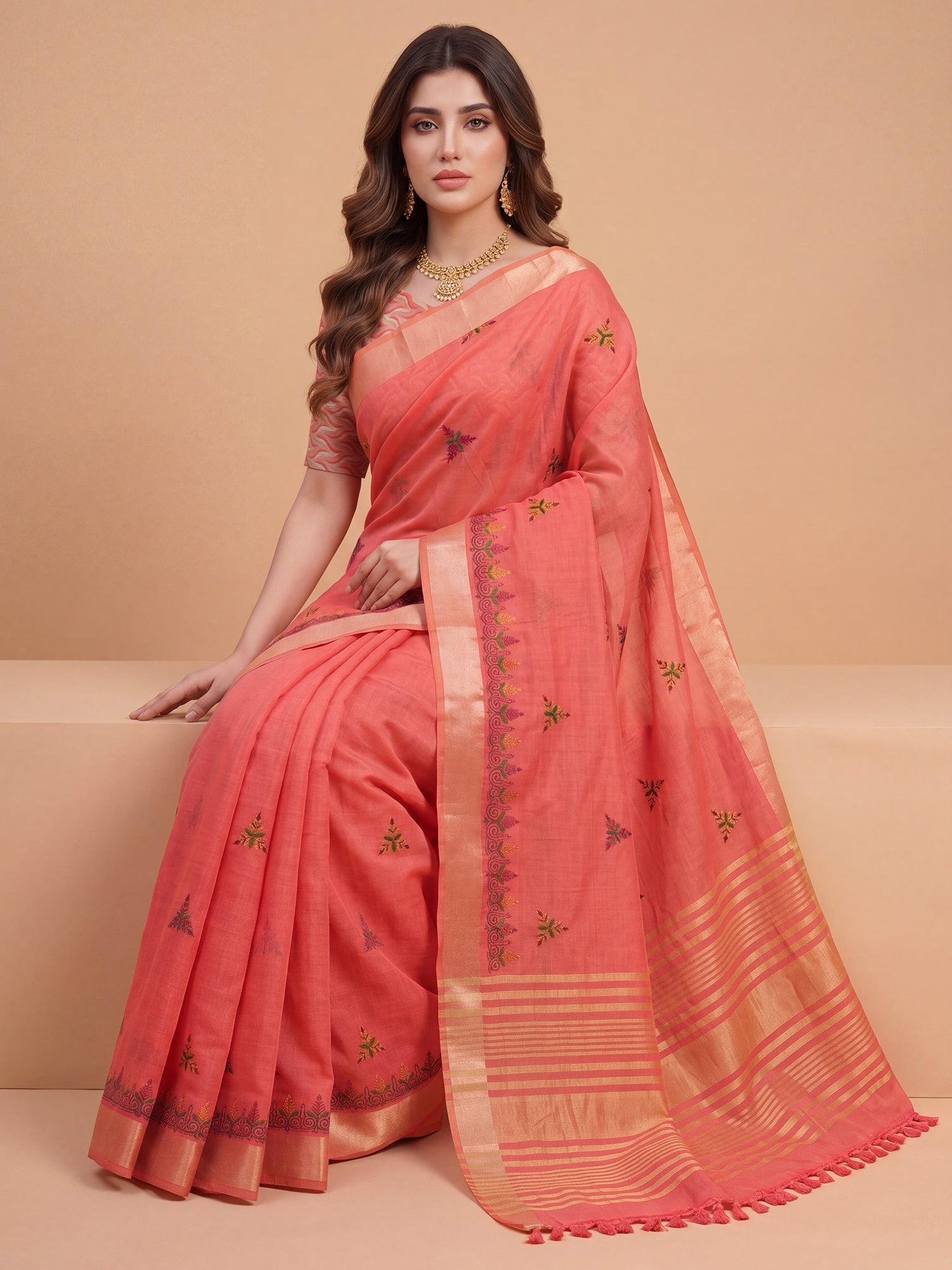 Peach Cotton Linen saree – detail view 3