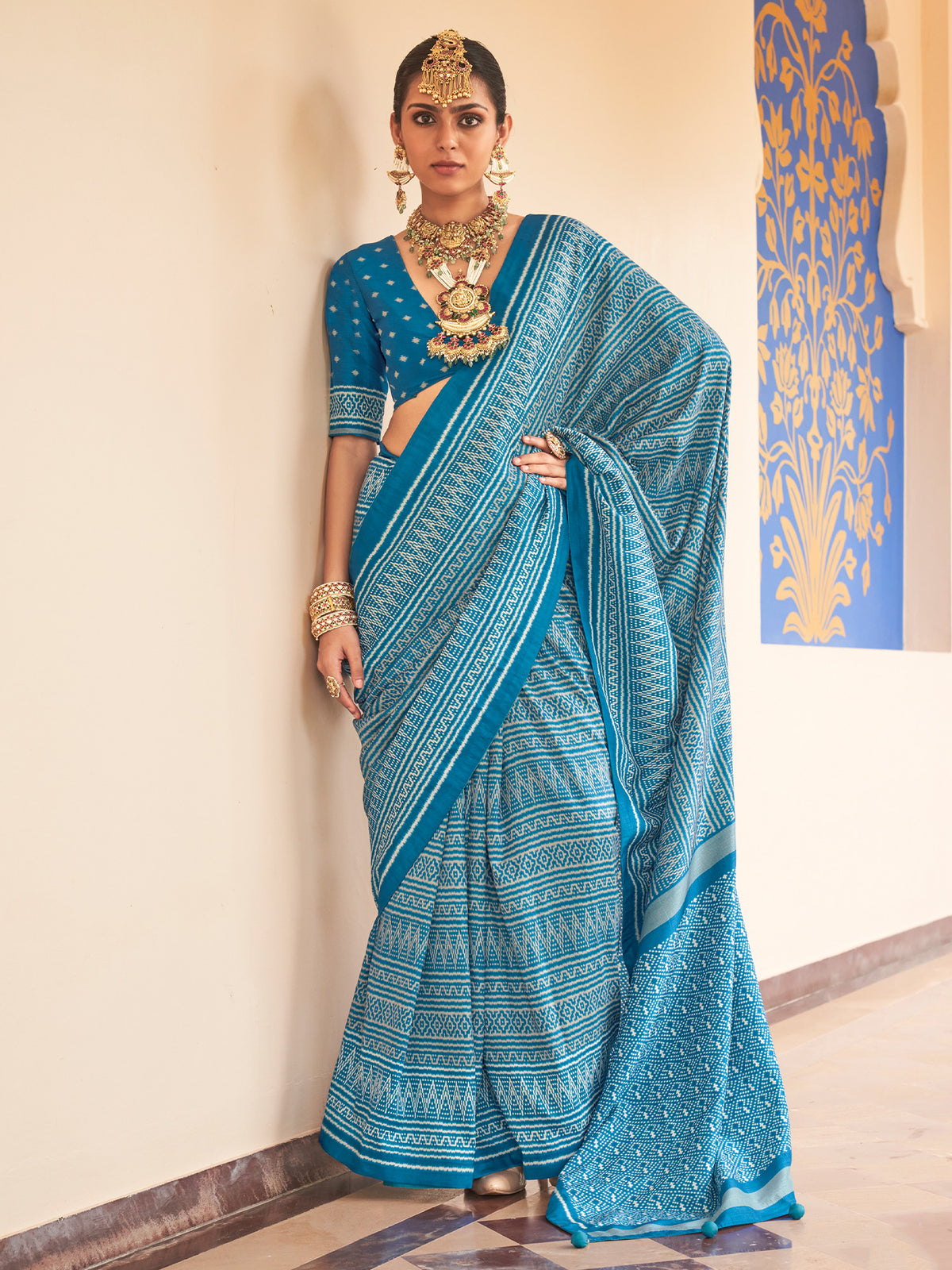 Light Blue geometric silk blend saree with light blue blouse piece