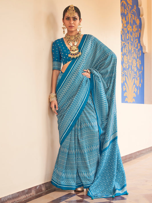 Light Blue geometric silk blend saree with light blue blouse piece