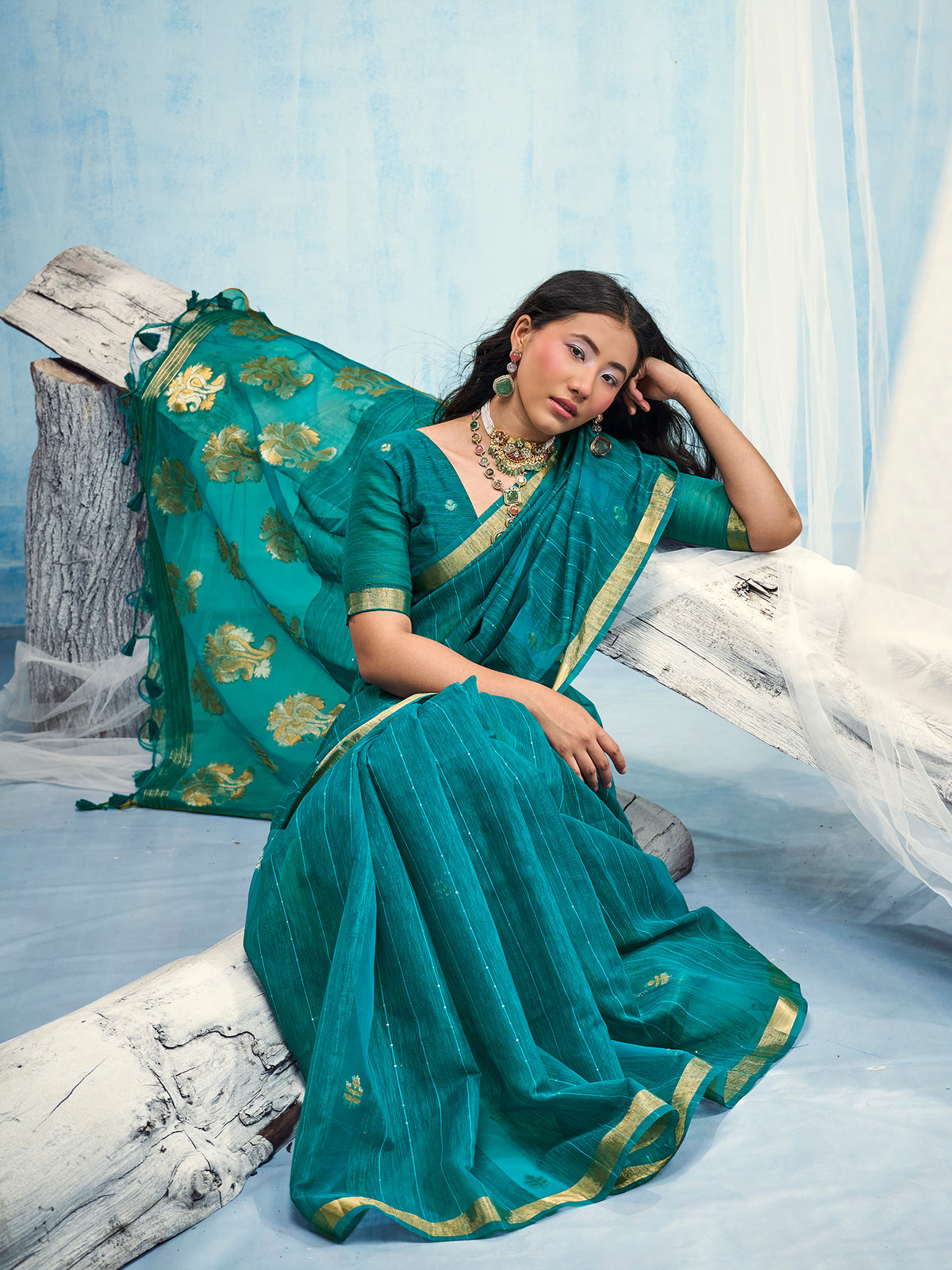 Teal Blue Muga Silk saree – detail view 2