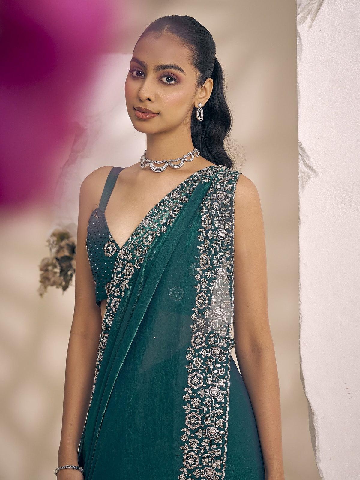 Teal Green satin silk saree view 5