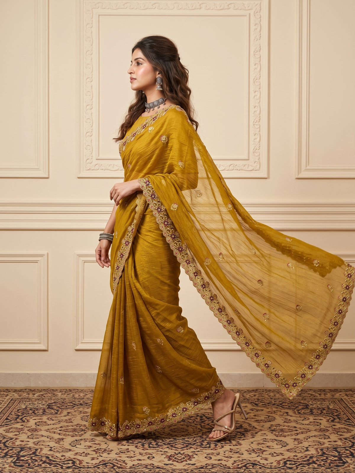 Mustard Tissue saree – detail view 2