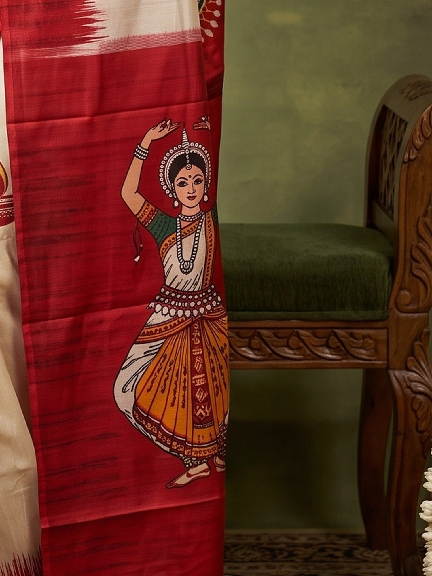 Pallu detail of off white silk blend saree showing traditional indian motif work and solid border