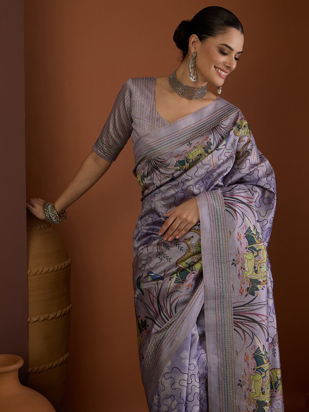 Lavender art silk saree view 5