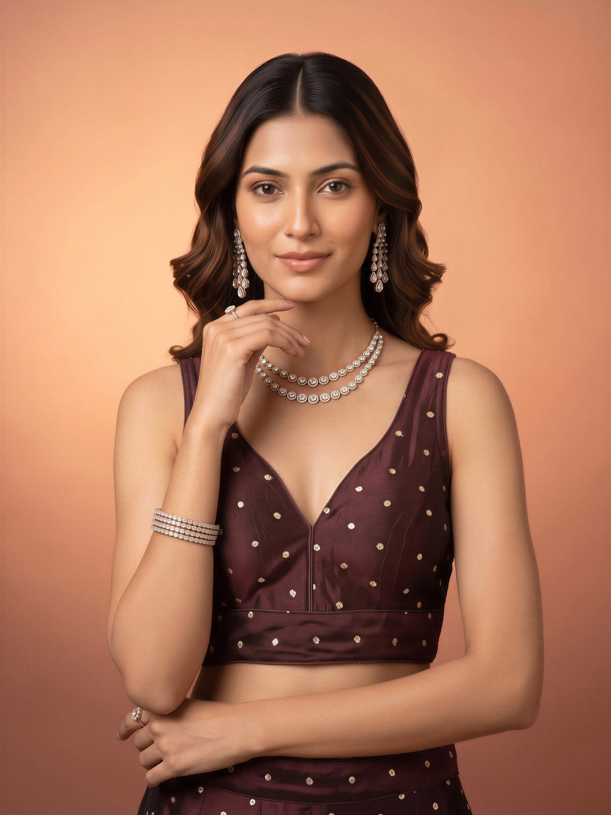 Brown sequin embellished silk blend sleeveless readymade saree blouse with v neck view 3