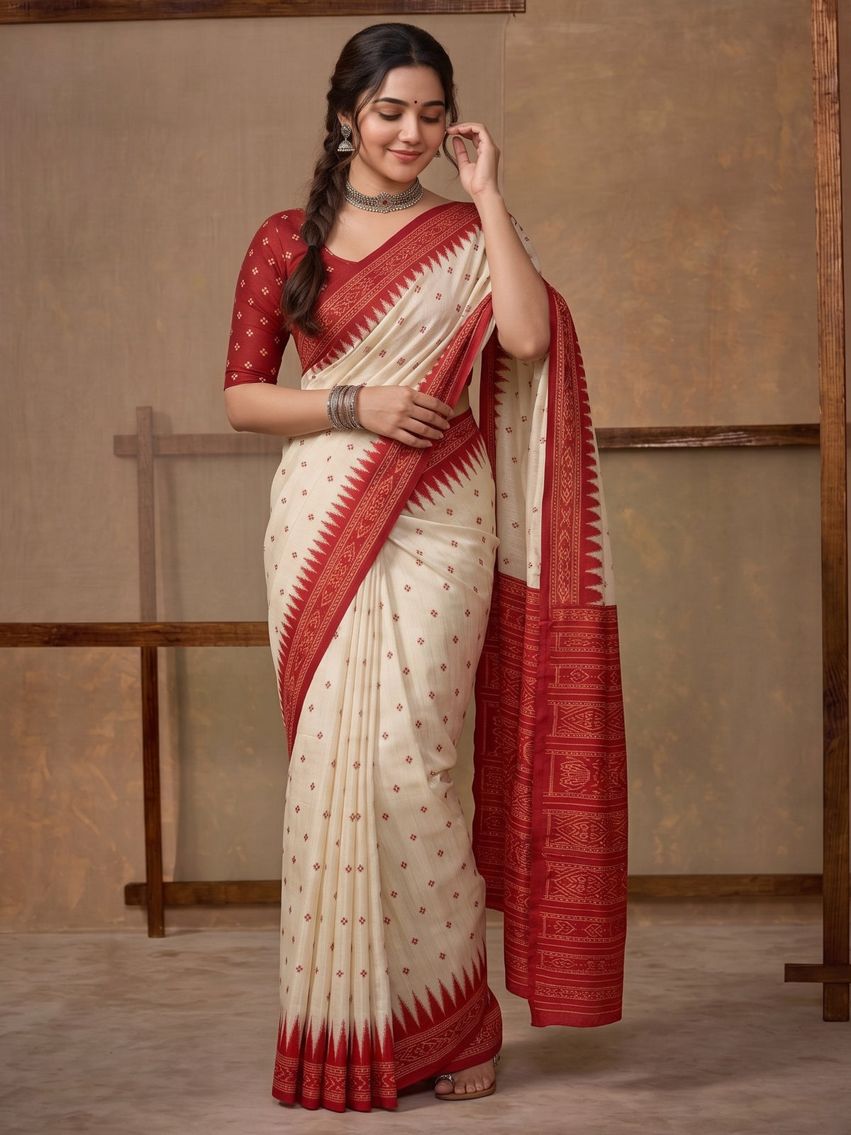 Off White ethnic motif tussar silk saree with red blouse piece