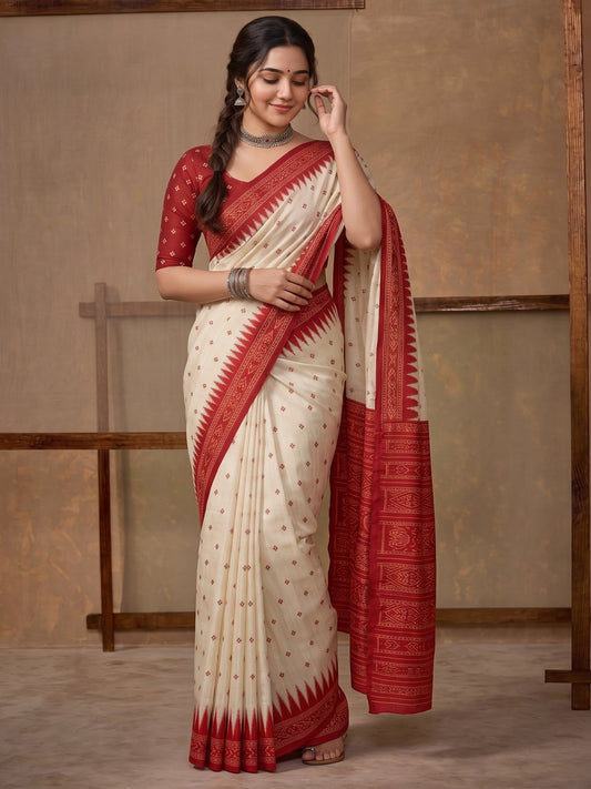 Off White ethnic motif tussar silk saree with red blouse piece