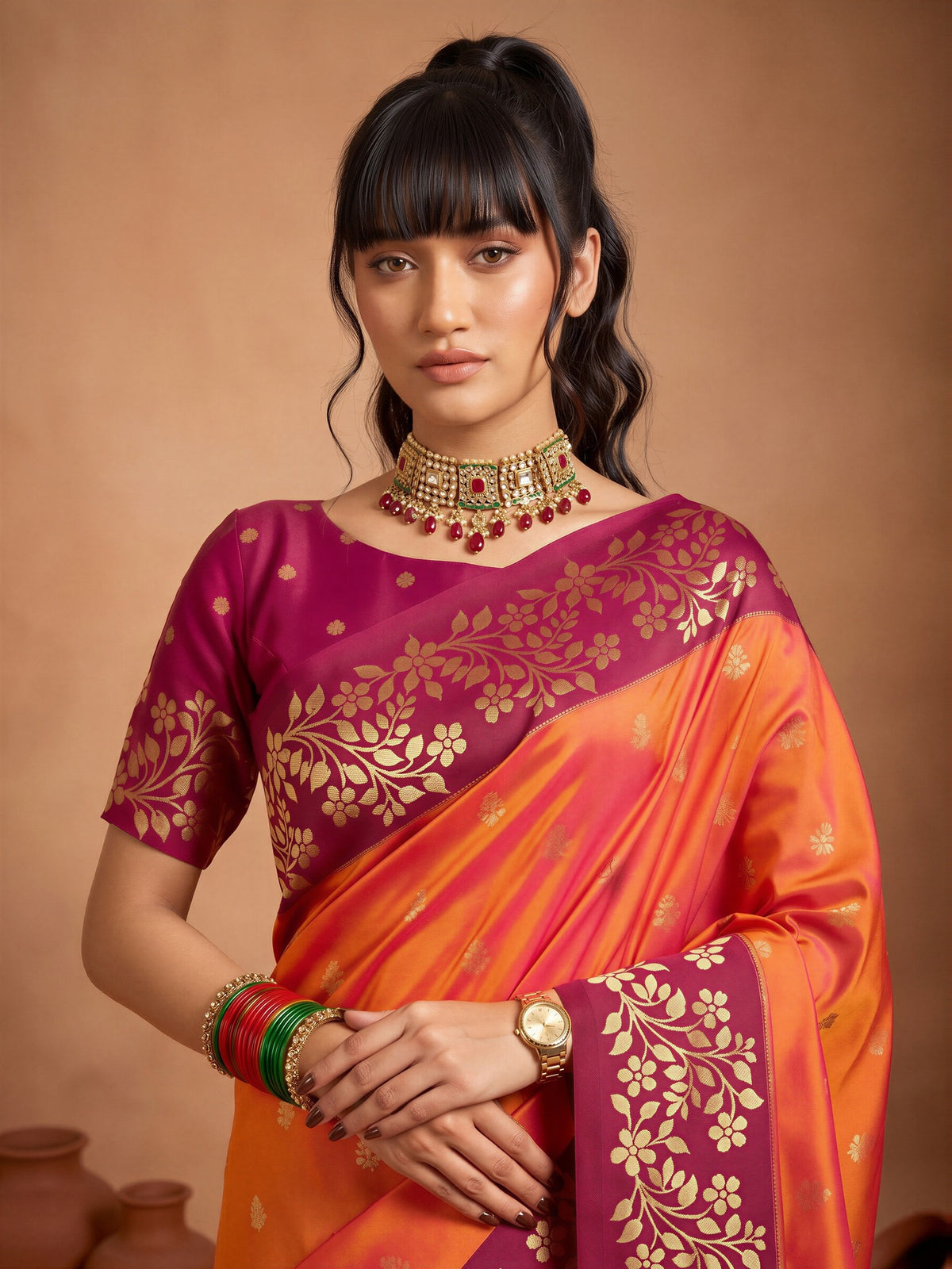 Orange Cotton Blend saree – detail view 4