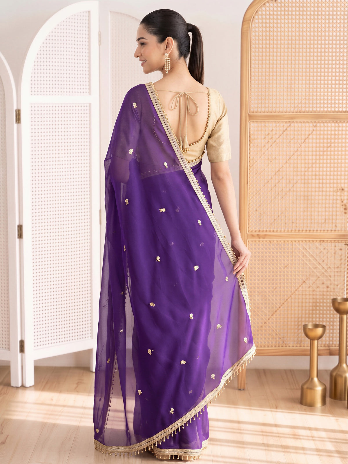Purple poly georgette saree view 1
