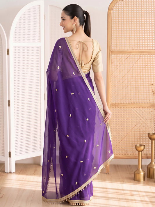 Purple poly georgette saree view 1