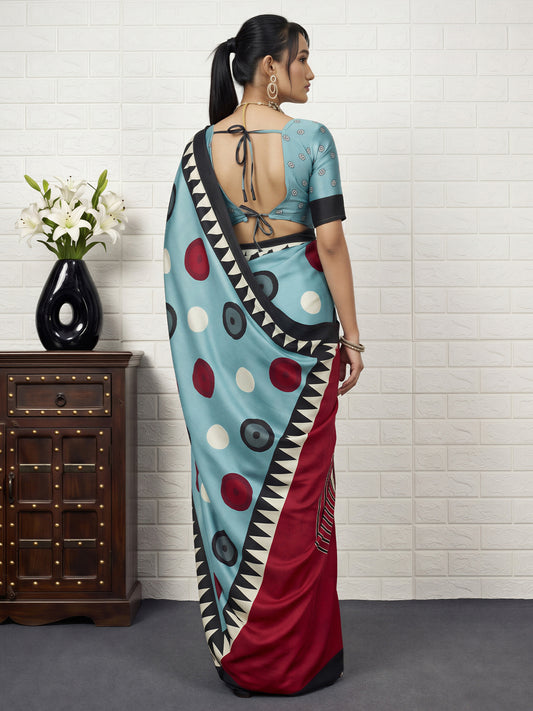 Turquoise Blue Satin saree – detail view 1