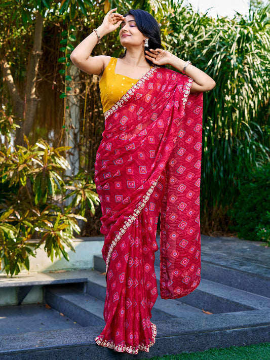 Red Georgette saree – detail view 1