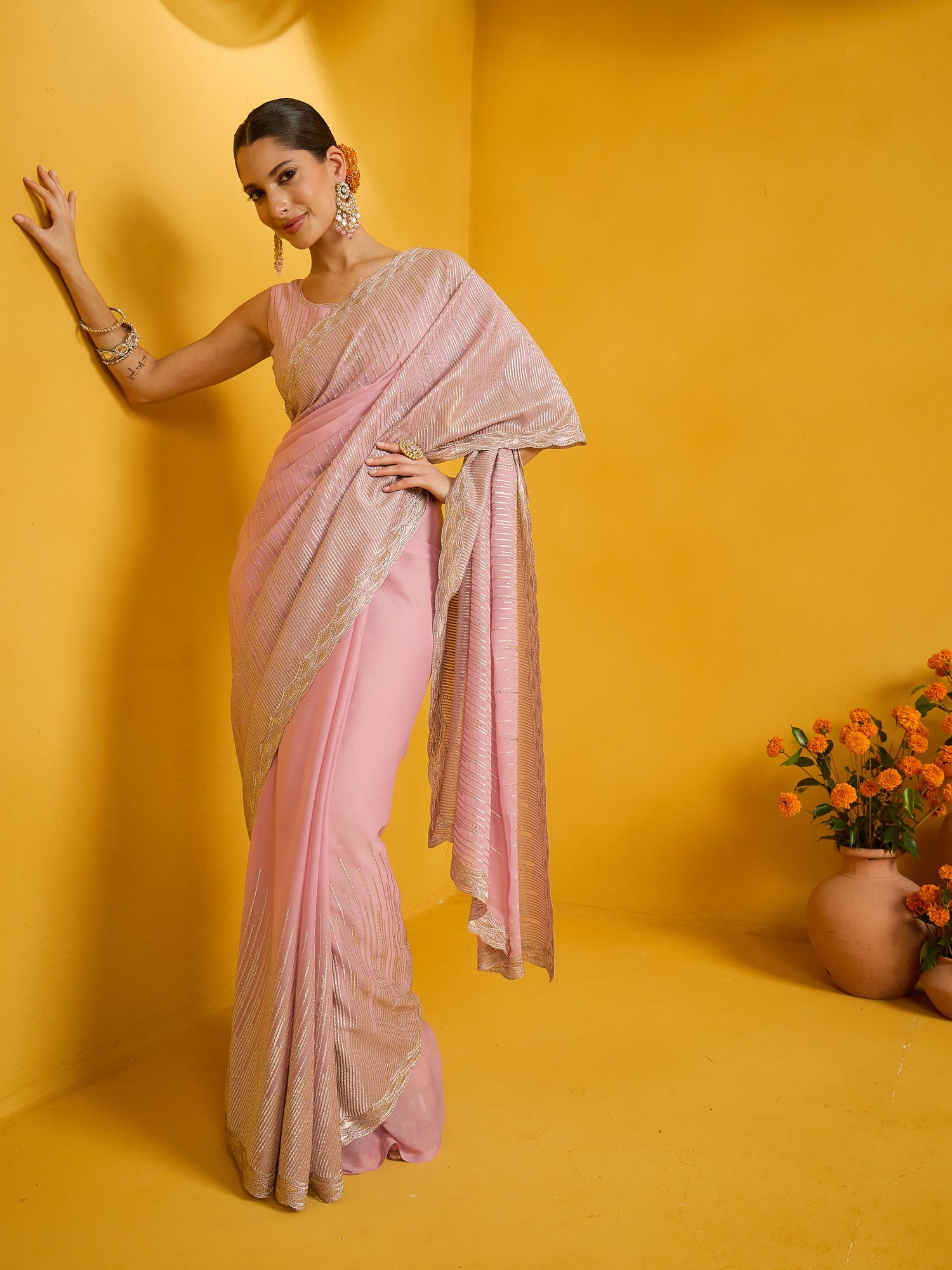 Pink Pure Georgette saree – detail view 2
