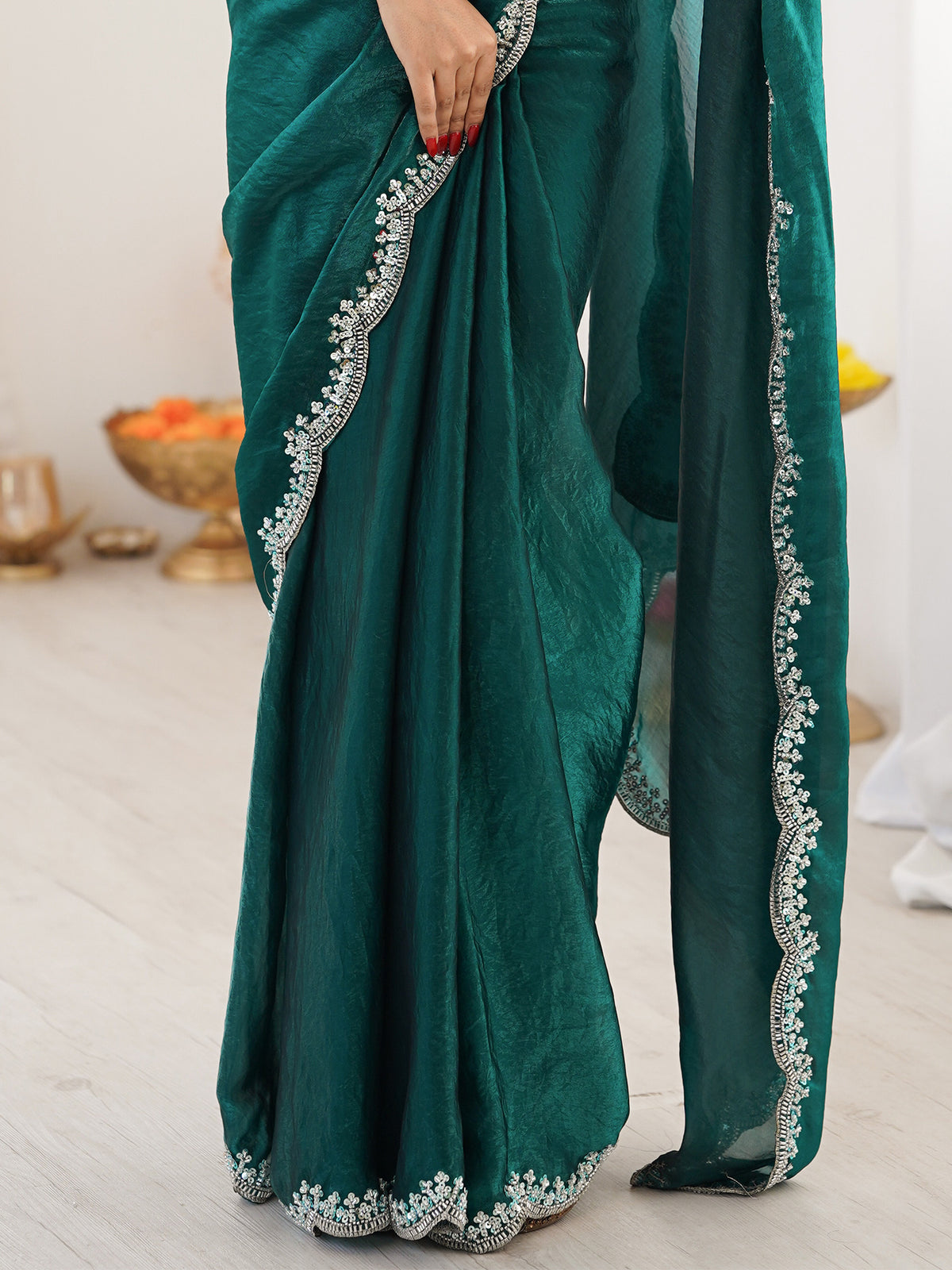 Teal Green Silk Blend saree – detail view 5