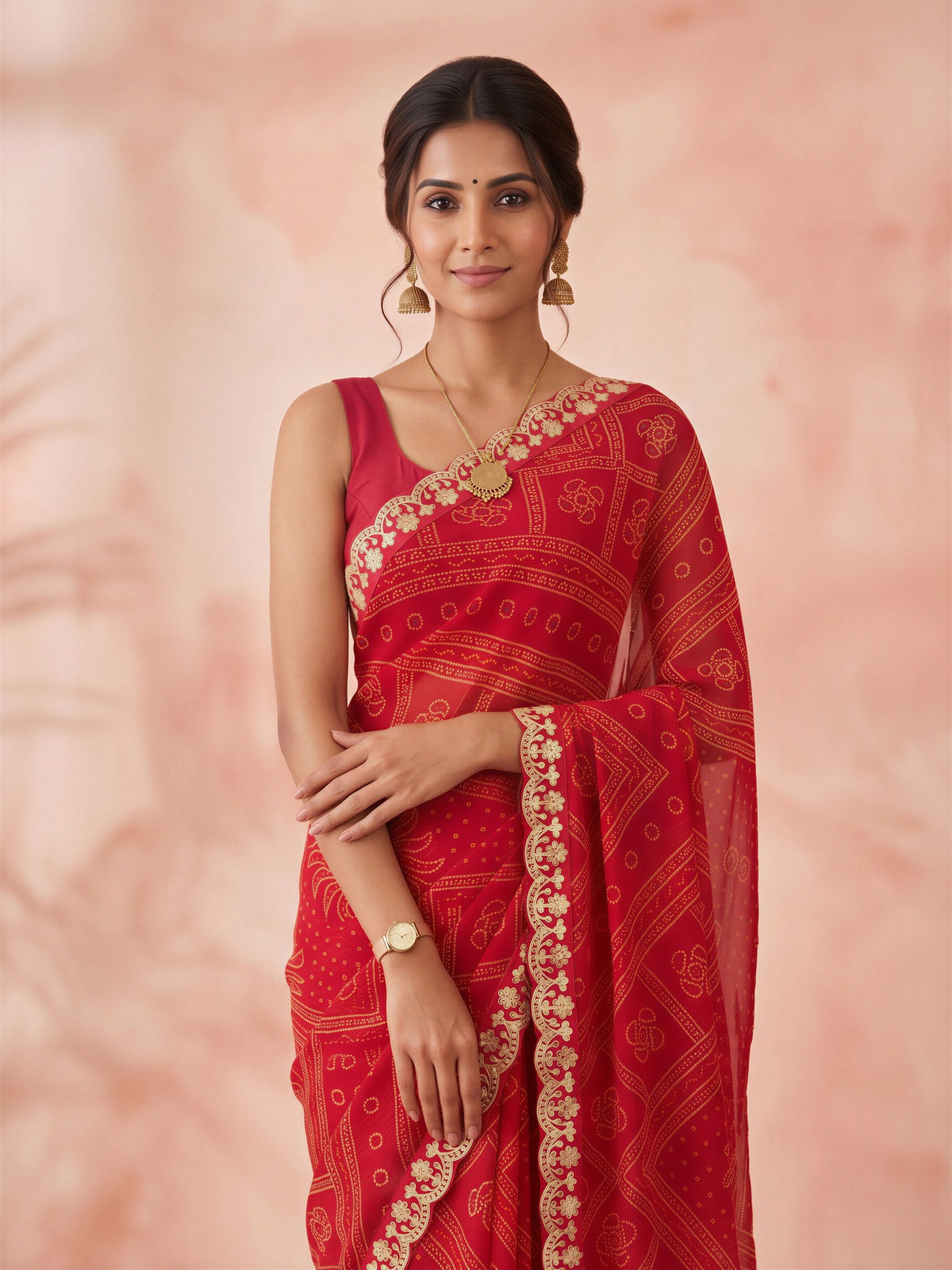 Red Georgette saree – detail view 3