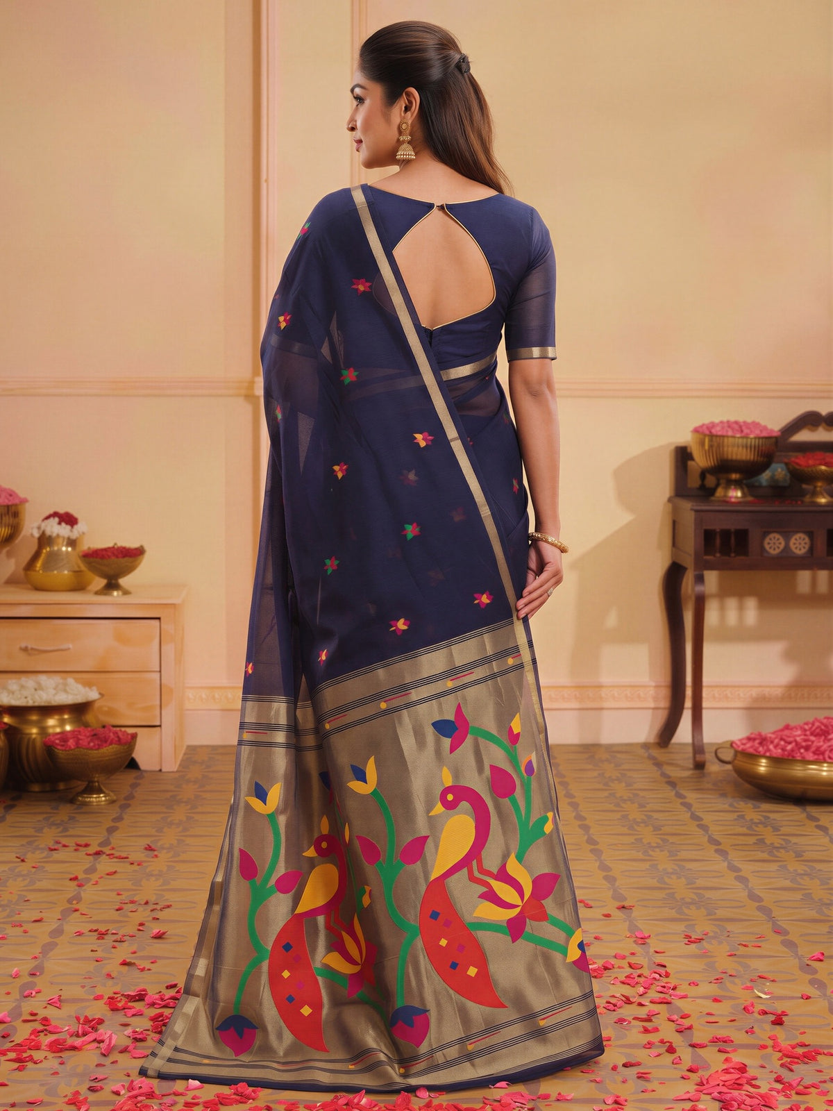 Navy Blue silk blend saree view 1