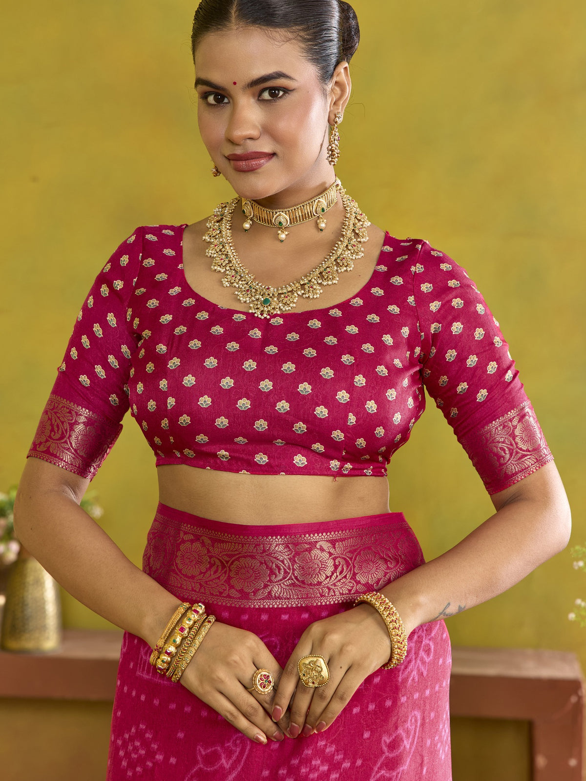Pink tussar silk saree view 4
