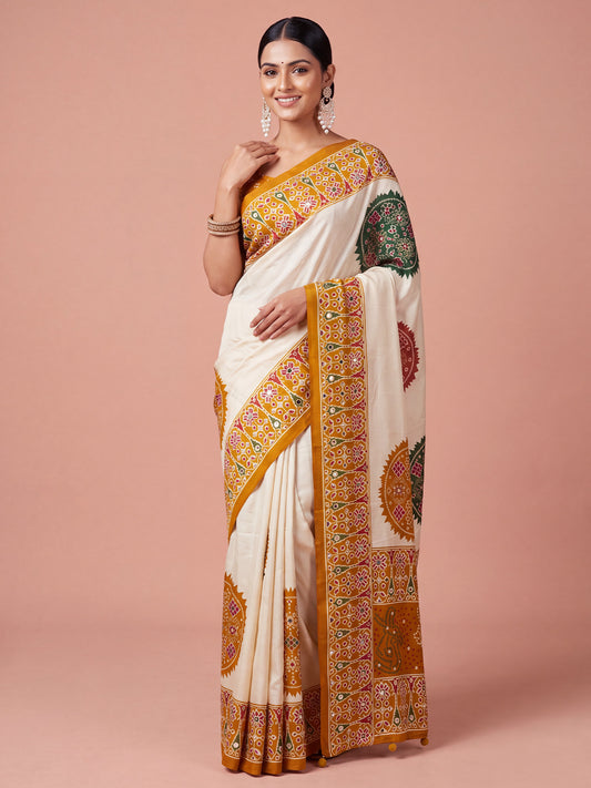 Mustard ajrak satin saree with mustard blouse piece