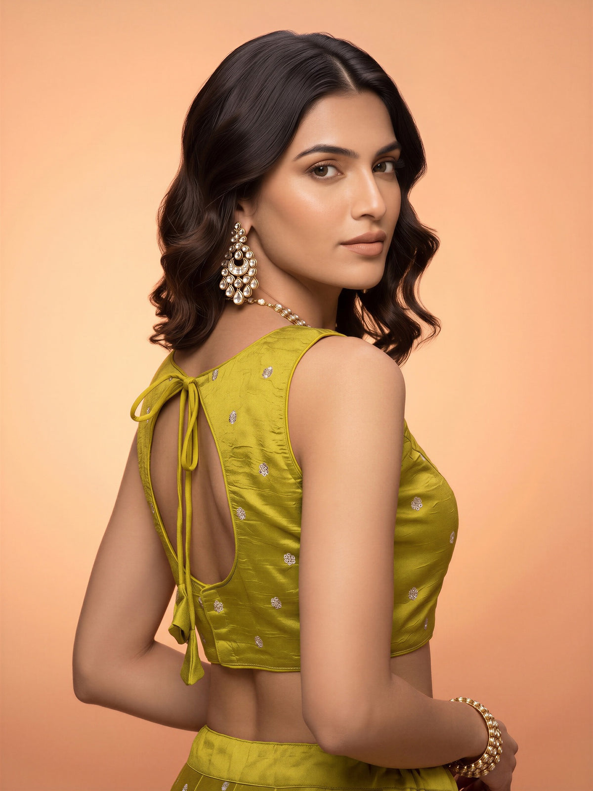 Lime Green sequin embellished chinnon sleeveless readymade saree blouse with round neck view 1