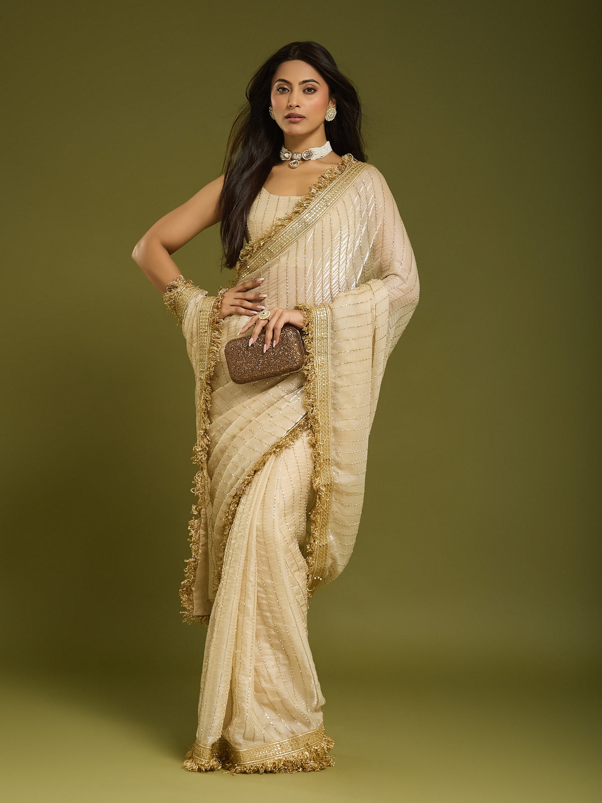 Cream Satin saree – detail view 4