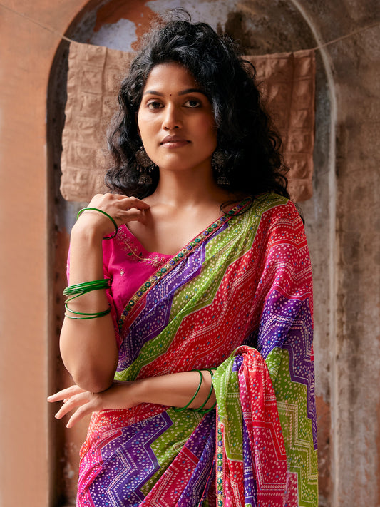 Multicolored georgette saree view 1